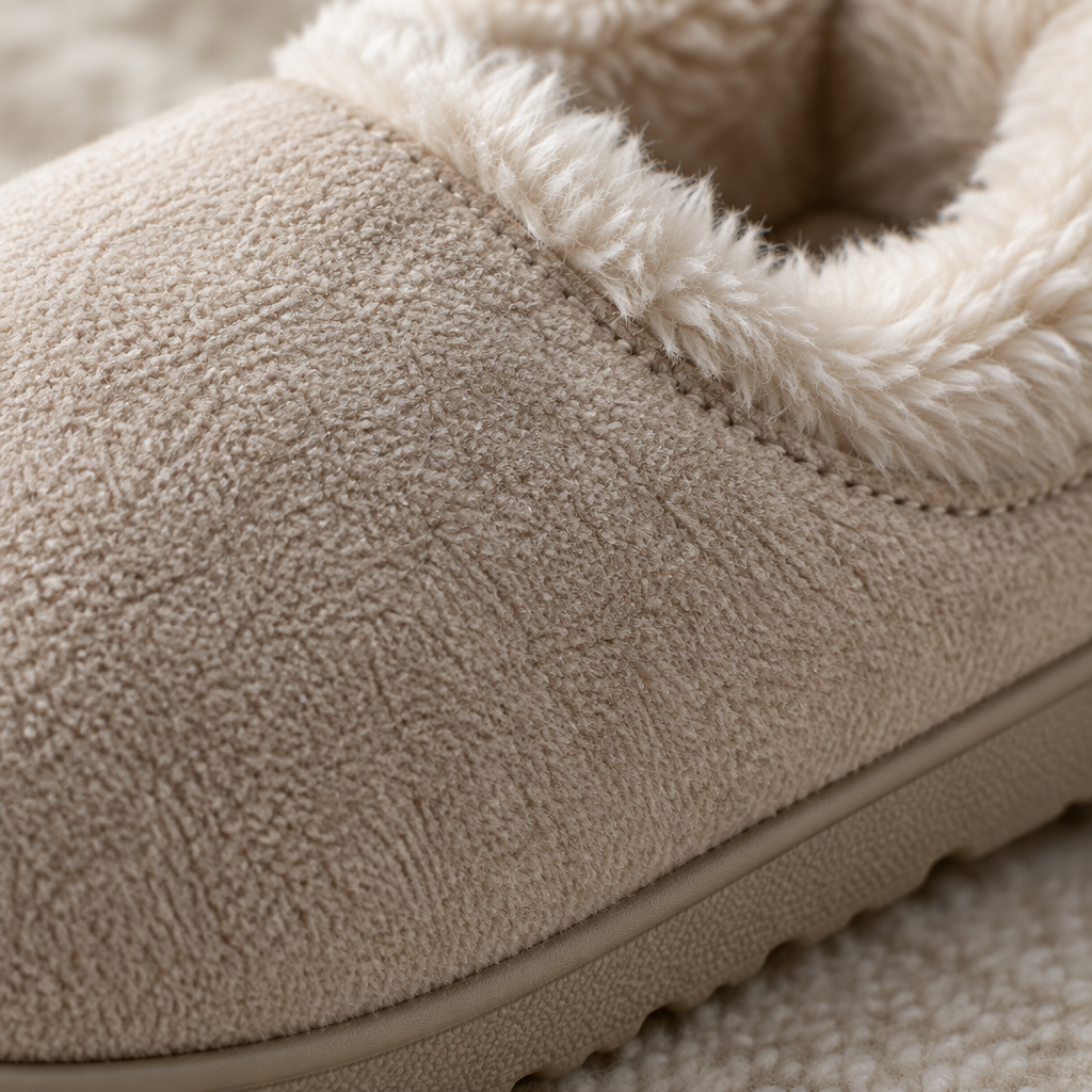 Close-up of the beige plush upper with faux-fur lining and textured sole