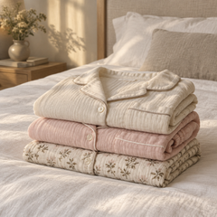 Three folded pyjama sets in cream, pale pink and printed muslin stacked on a made bed.