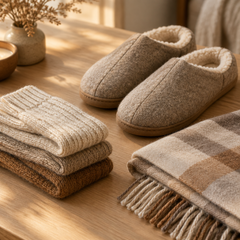 A still life of knitted socks, slippers and a folded cotton scarf on a pale oak surface.