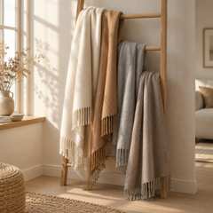 Several soft shawls in cream, camel and grey draped over a wooden ladder rack.