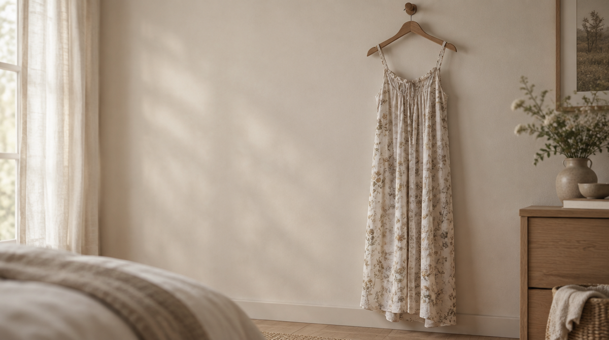 A long floral muslin nightgown hanging from a wooden hook on a pale wall, fabric falling loosely, soft light.