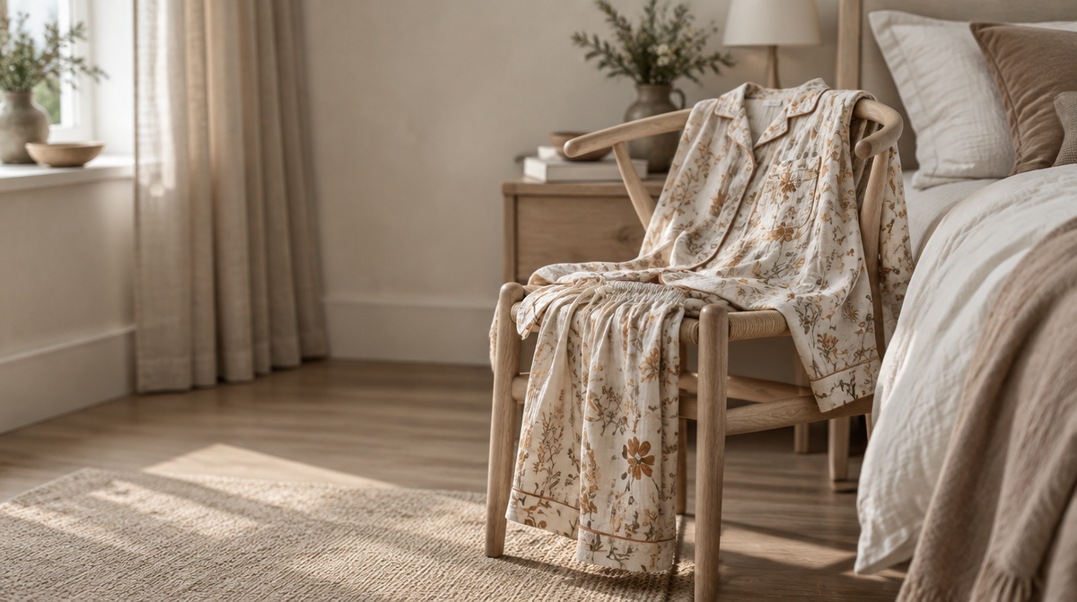 A floral-print muslin pyjama set draped over a pale oak chair beside a bed, soft botanical print catching light.