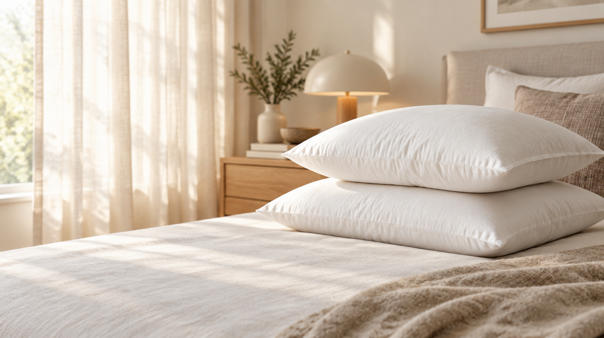 Two plump white cotton pillows stacked on a made bed in a bright minimal bedroom, one slightly compressed to show loft.