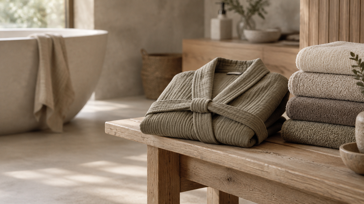 A khaki muslin bathrobe folded over a wooden bathroom bench beside a stack of towels, soft diffused light.