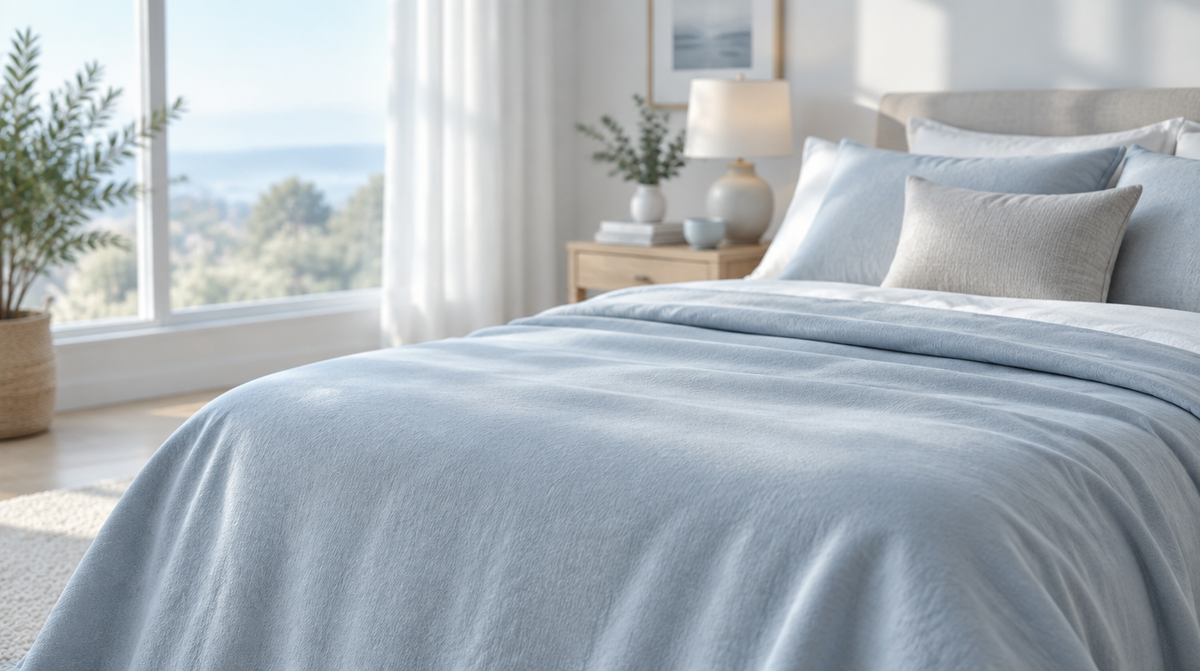 A smooth pale grey-blue cooling blanket laid crisply over a bed in a bright airy bedroom, early morning light, cool and fresh atmosphere.