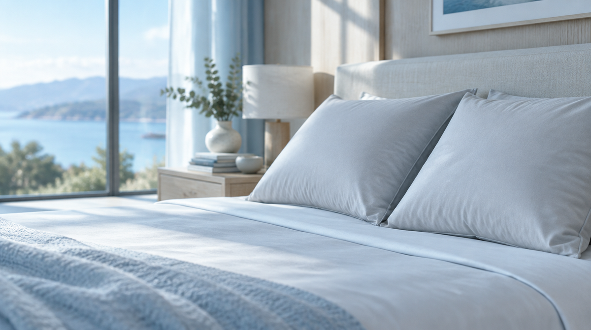 Two crisp pale grey cooling pillowcases on a cool, bright, freshly made bed, blue-toned morning light.