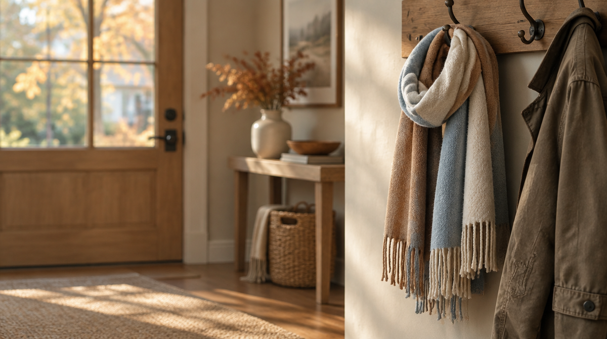 A soft two-tone cotton scarf looped over a coat hook by an entrance door with a jacket beside it.