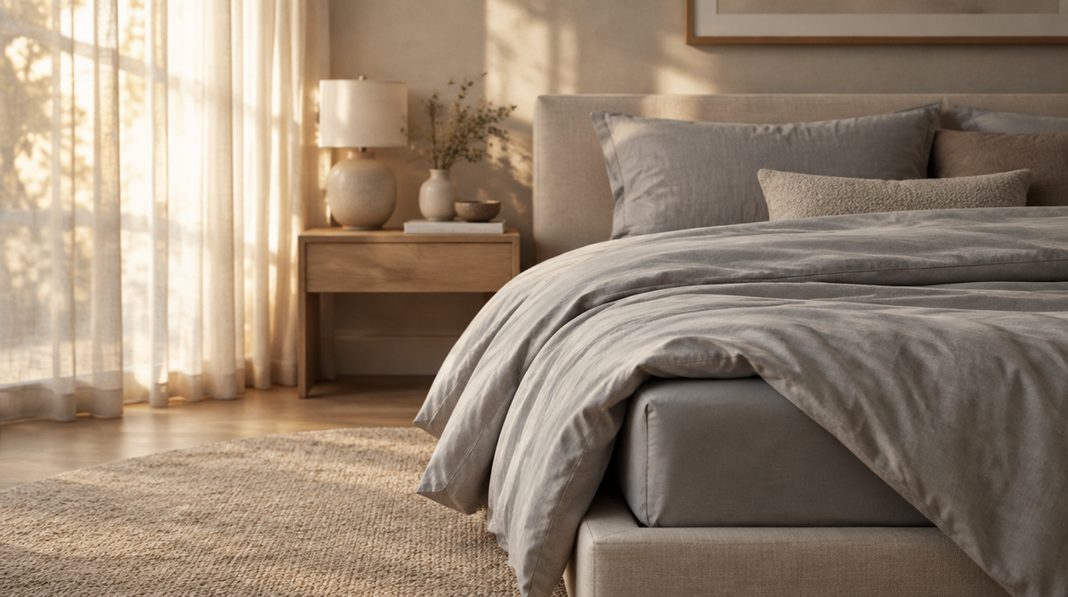 A bed dressed in smooth stone-grey pure cotton sheets, corner of the duvet folded back to reveal the fitted sheet.