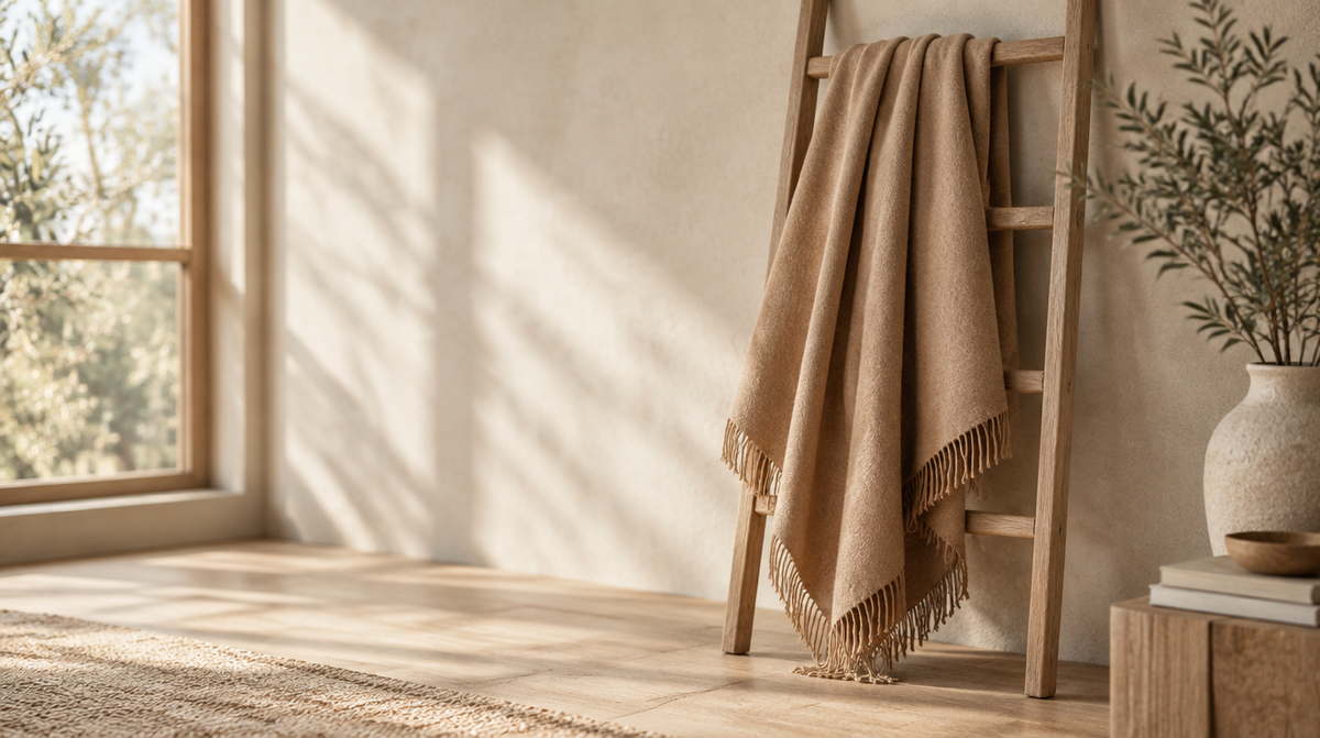 A camel drape shawl falling in soft folds over a wooden ladder rack in a minimal, sunlit room.