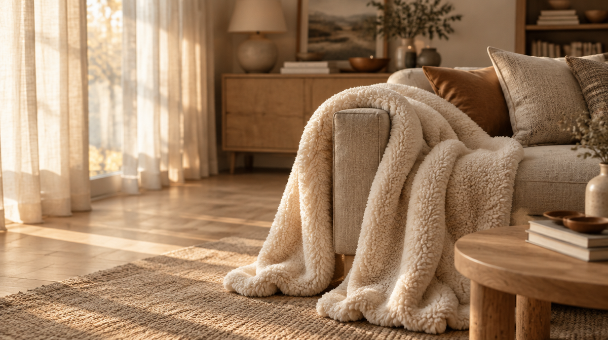 Cream deep-pile fleece blanket draped over a linen sofa in warm afternoon light