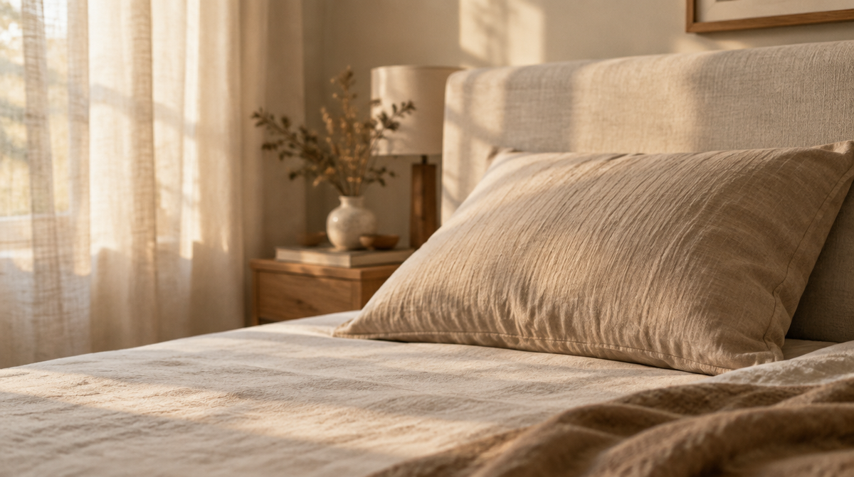 A single dune muslin pillowcase on a plump pillow against a pale upholstered headboard, quiet and minimal.