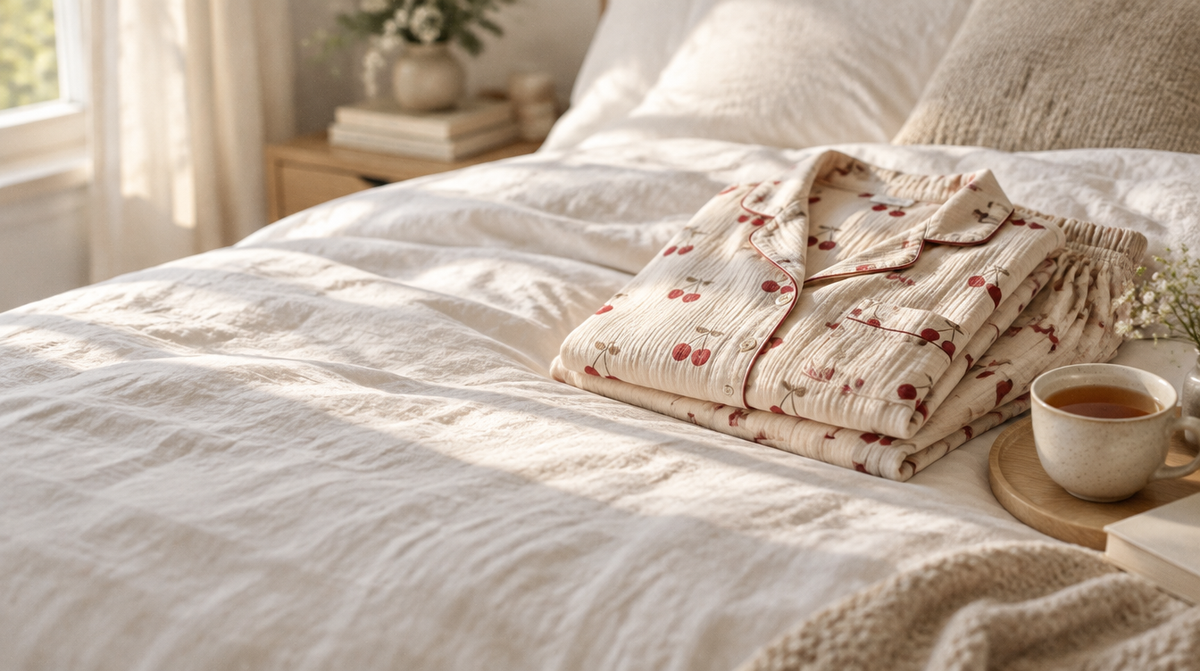 A red cherry-motif muslin pyjama set folded on a white duvet with a cup of tea nearby, cheerful morning light.