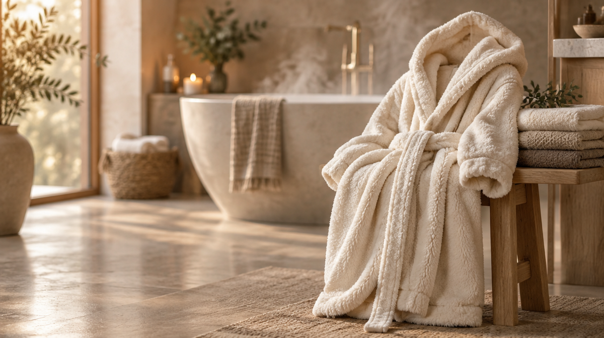 A deep-pile ivory hooded plush robe draped over a bathroom stool beside folded towels, steamy warm light.