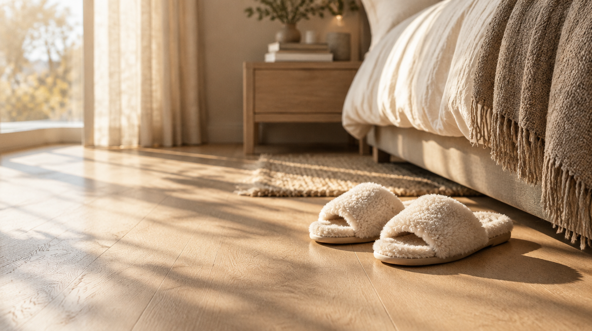 A pair of open-toe fuzzy ivory slippers on a pale oak floor beside a bed, warm morning light and long shadows.