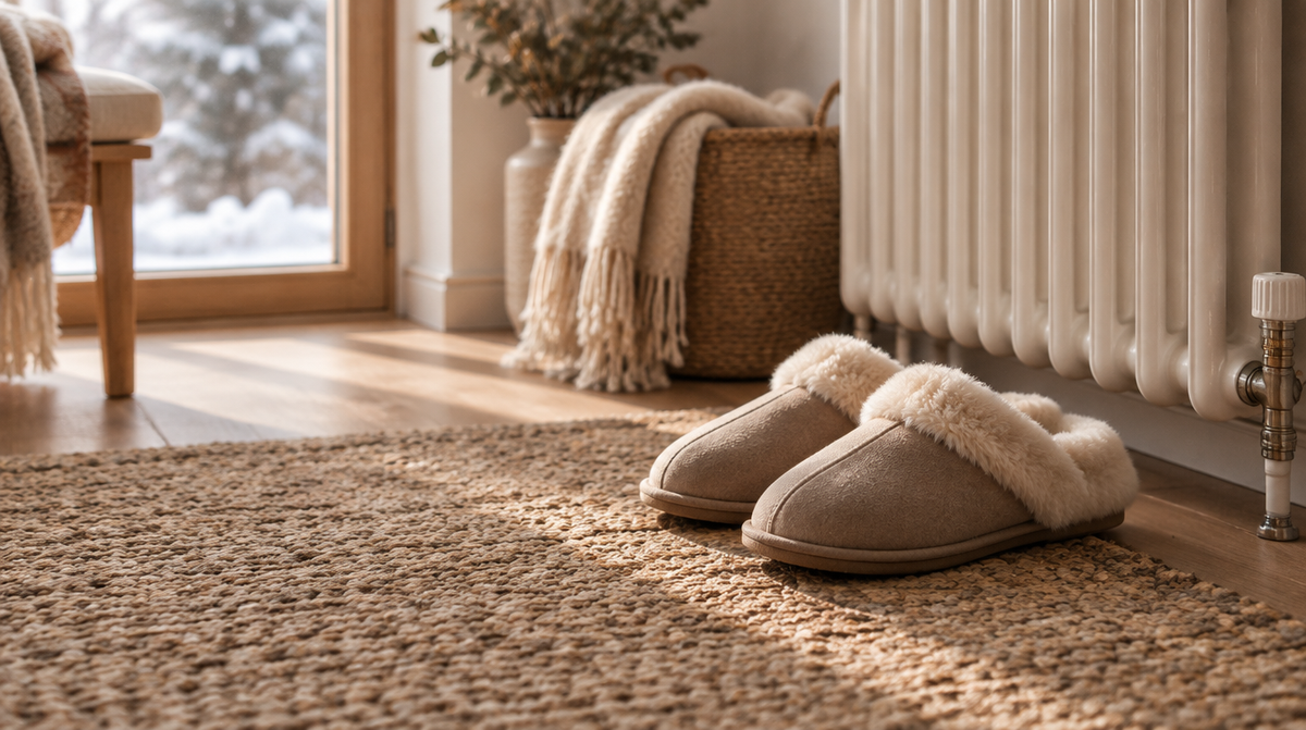 A pair of closed-toe beige faux-fur-lined slippers on a woven rug beside a radiator, cosy winter light.