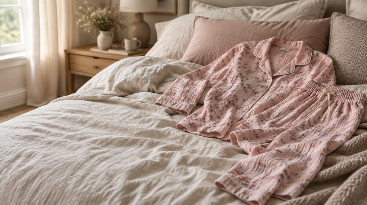 A pink floral muslin pyjama set laid across an unmade bed with soft pillows, relaxed Sunday-morning mood.