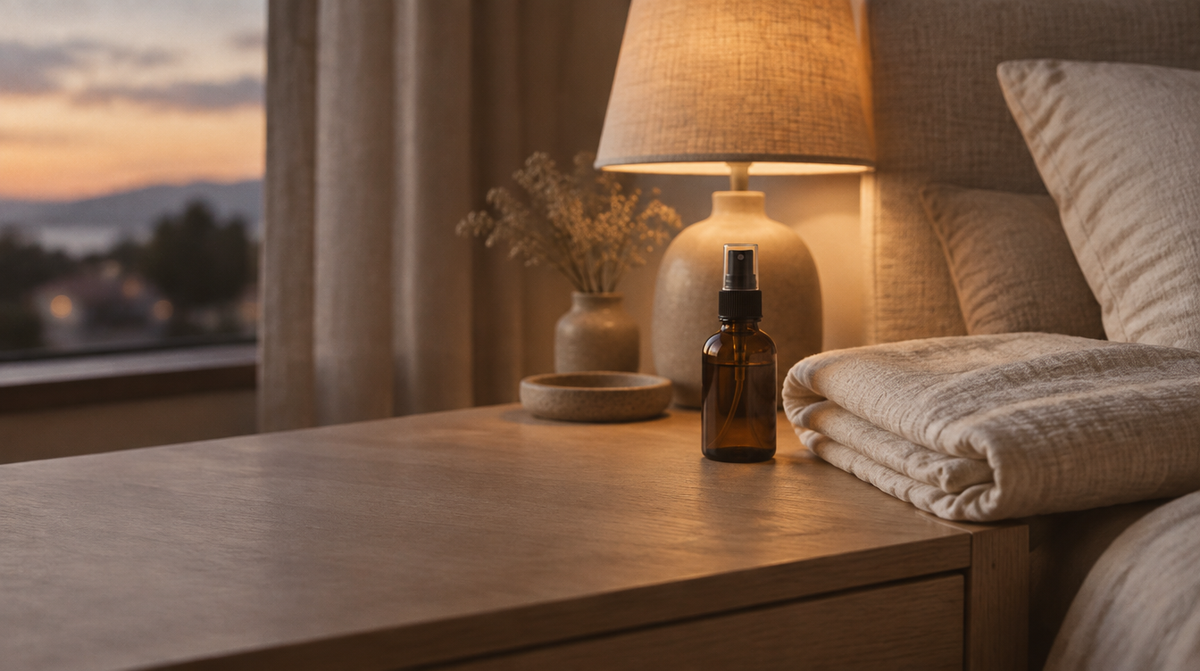 A small amber glass pillow-mist bottle on a bedside table beside a folded muslin pillowcase and a dim lamp.