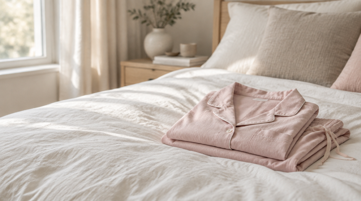A pale pink cotton pyjama set folded on a white duvet, simple and soft, gentle morning light.
