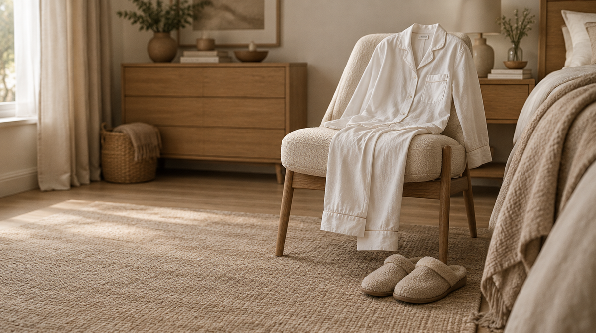 A white cotton pyjama set draped over a bedroom chair with slippers on the floor beneath.