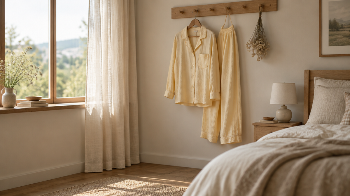 A pale yellow long-sleeve muslin pyjama set hanging on a wooden peg rail beside a bedroom window.