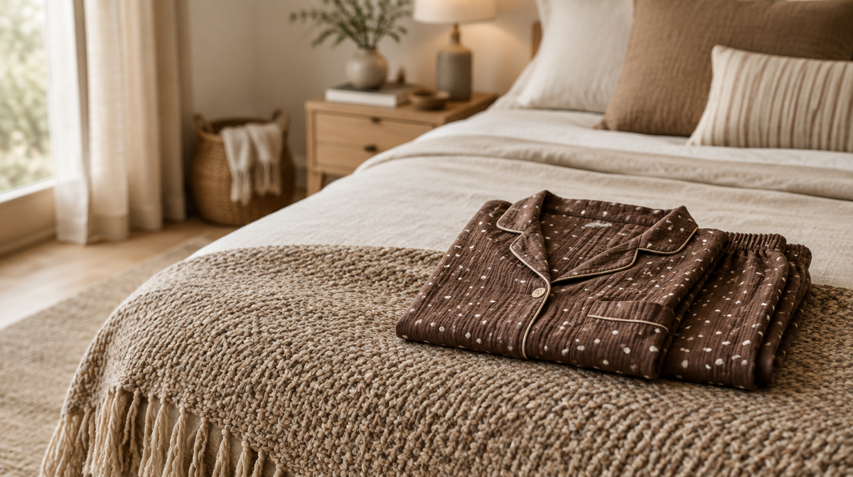 A brown dotted muslin pyjama set folded neatly on a woven blanket at the end of a bed.