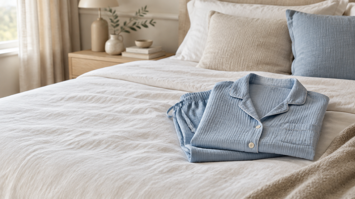 A plain blue muslin pyjama set folded on crisp bed linen, clean and unfussy styling.