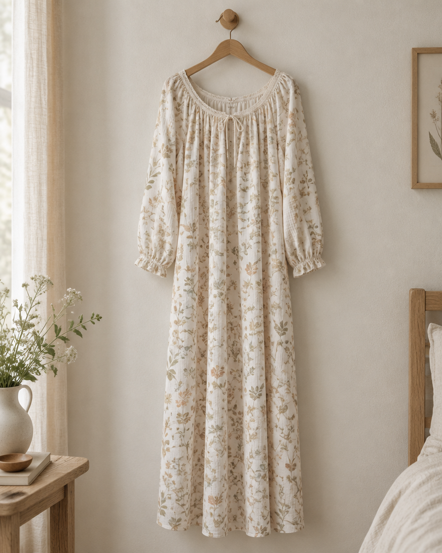 A long floral muslin nightgown hanging from a wooden hook