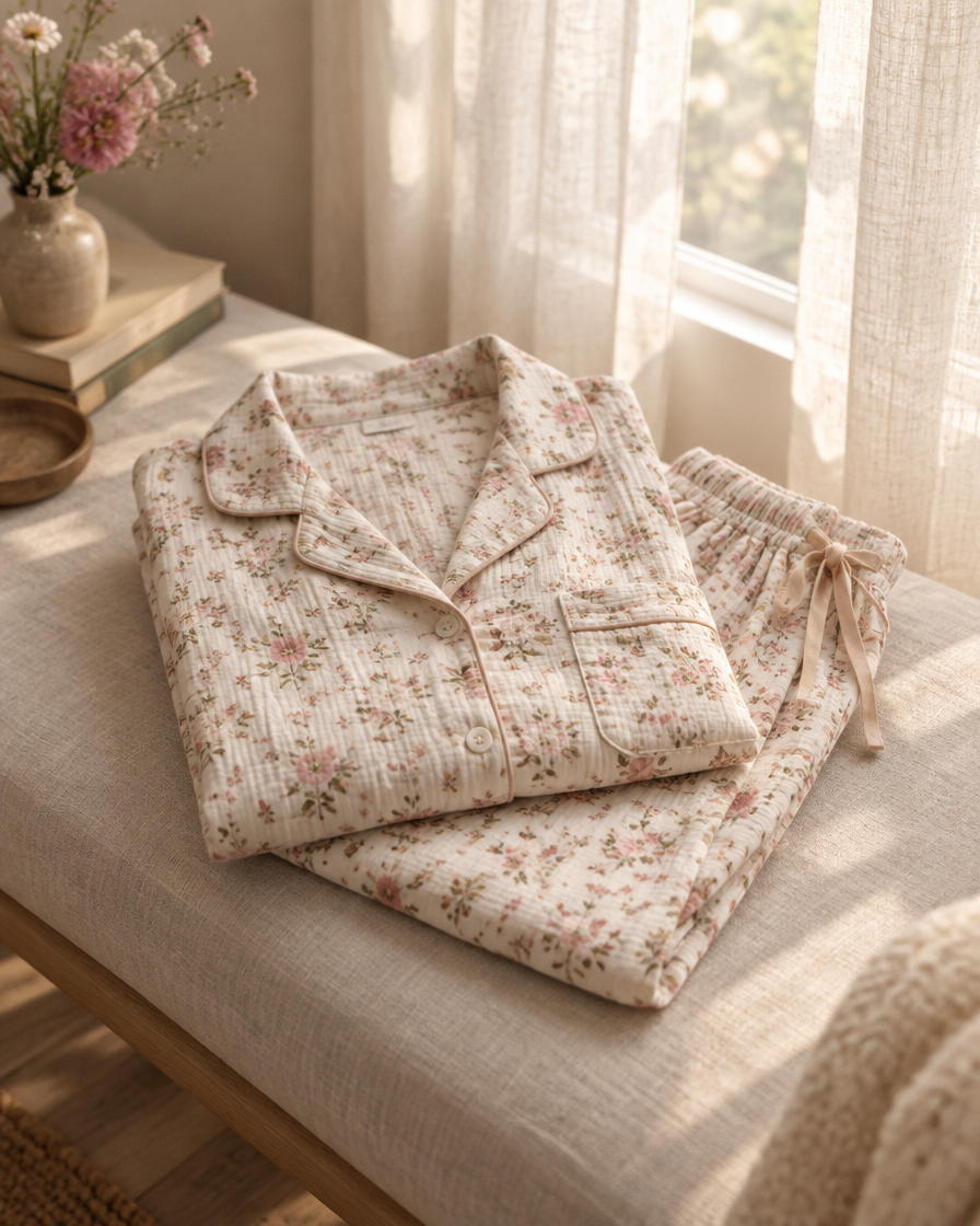 A floral-print muslin pyjama set folded on a pale linen bench