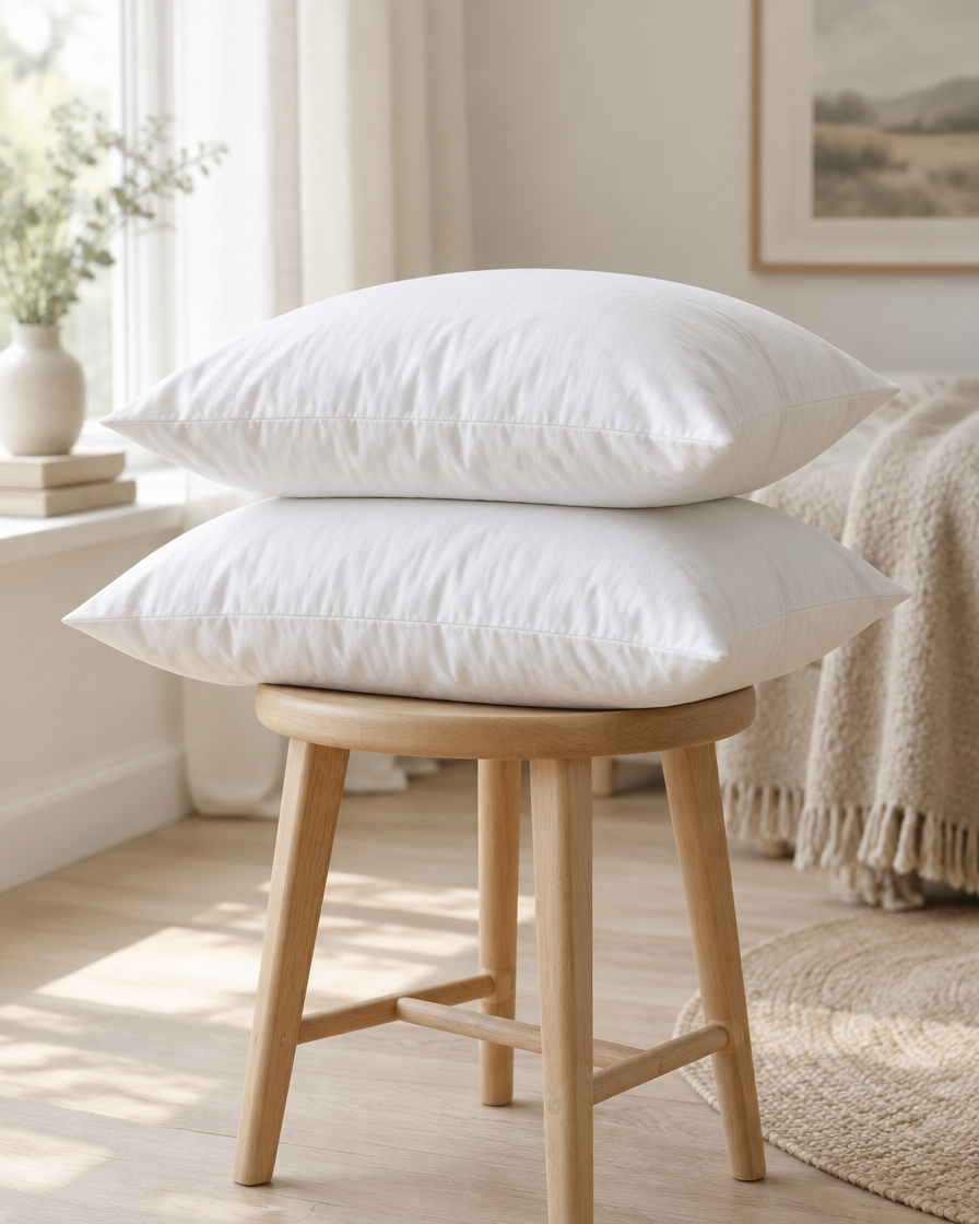 Two plump white cotton pillows stacked on a pale oak stool