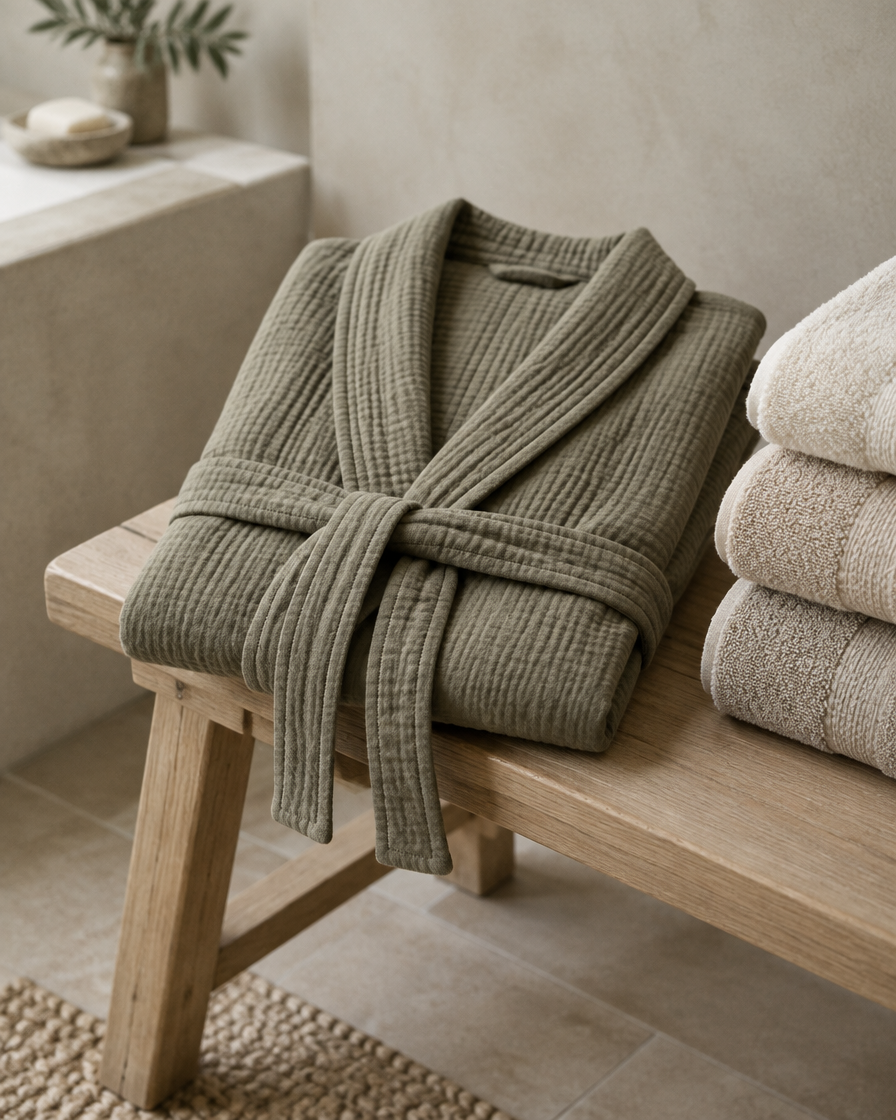 A khaki muslin bathrobe folded over a wooden bathroom bench