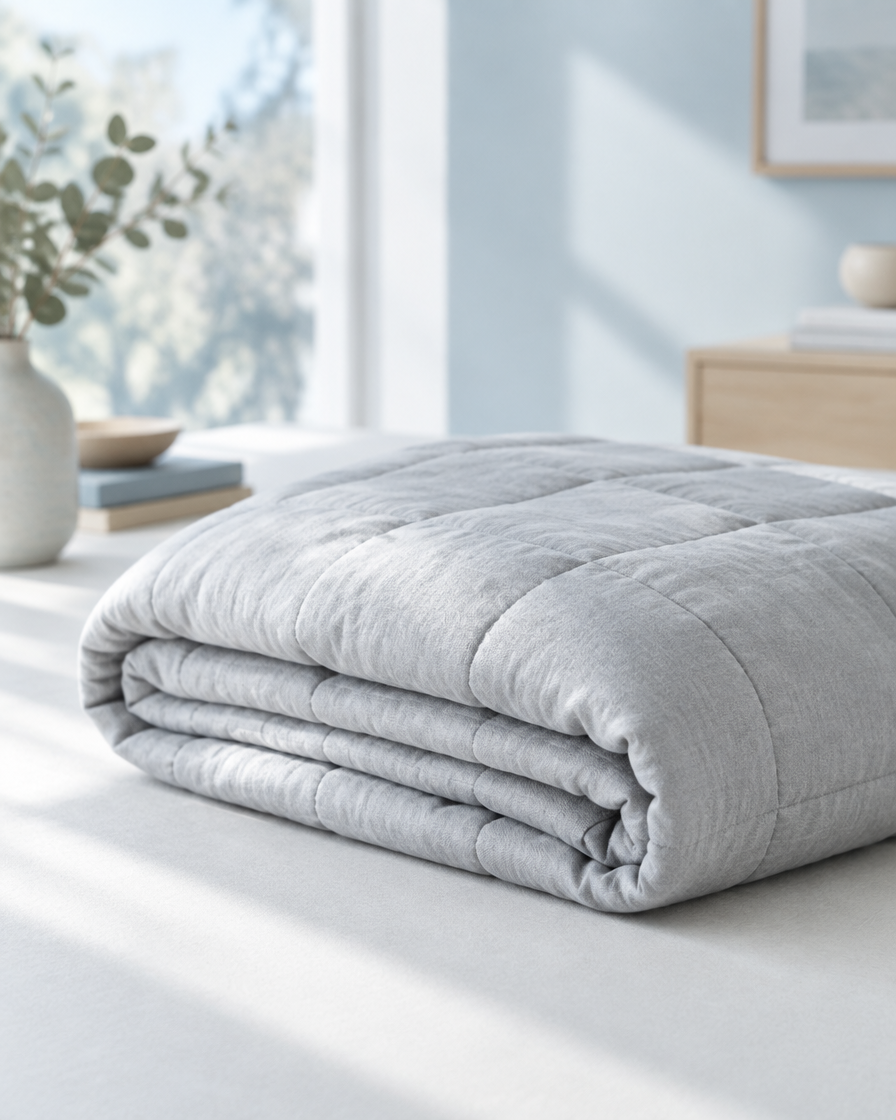 A pale grey cooling blanket folded on a clean pale surface in cool morning light