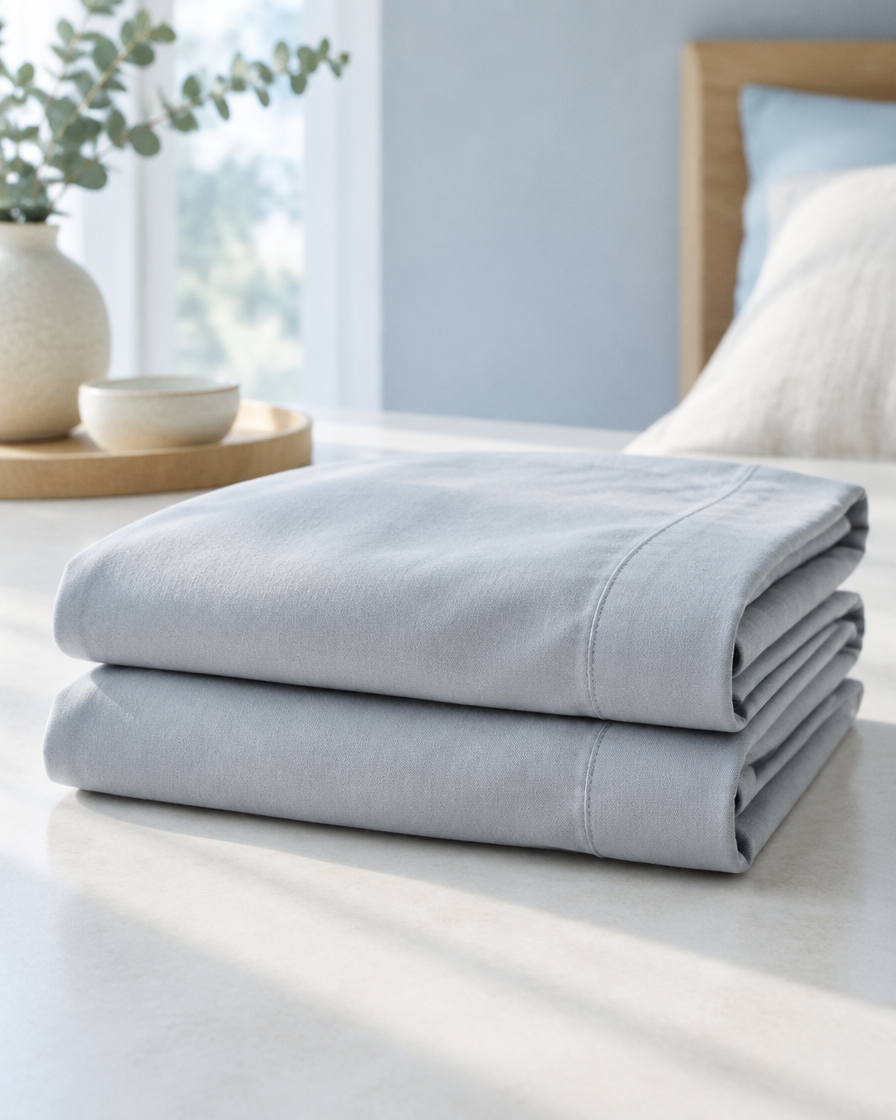 Two pale grey cooling pillowcases folded on a clean pale surface