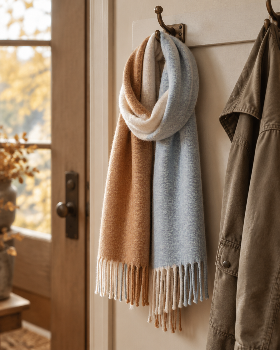 A two-tone cotton scarf looped over a coat hook by an entrance door