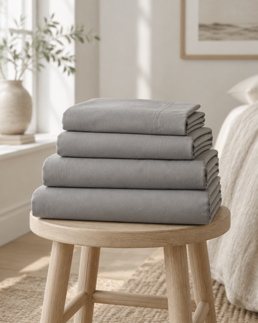 A stone-grey cotton sheet set folded on a pale oak stool