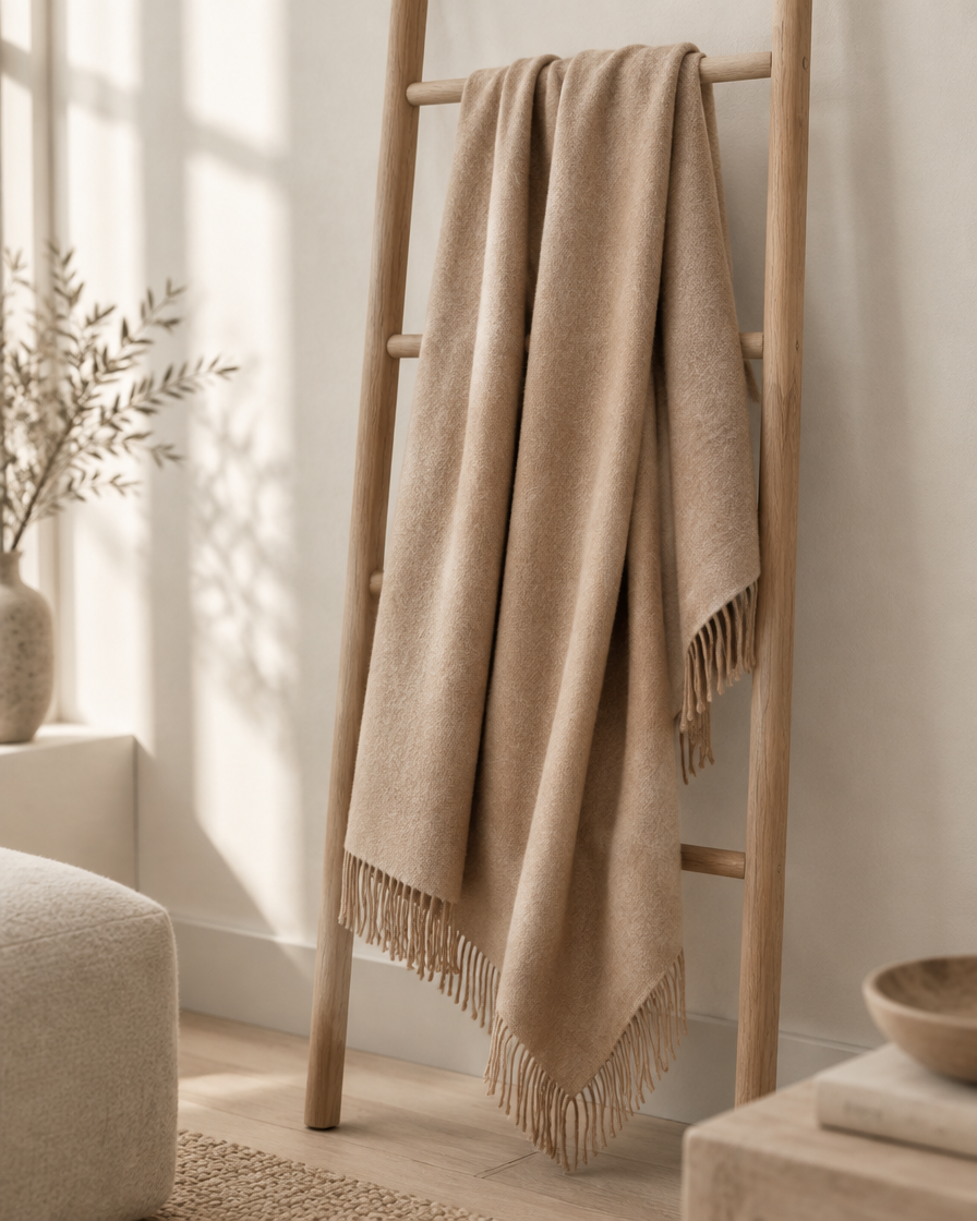A camel drape shawl falling in soft folds over a wooden ladder rack