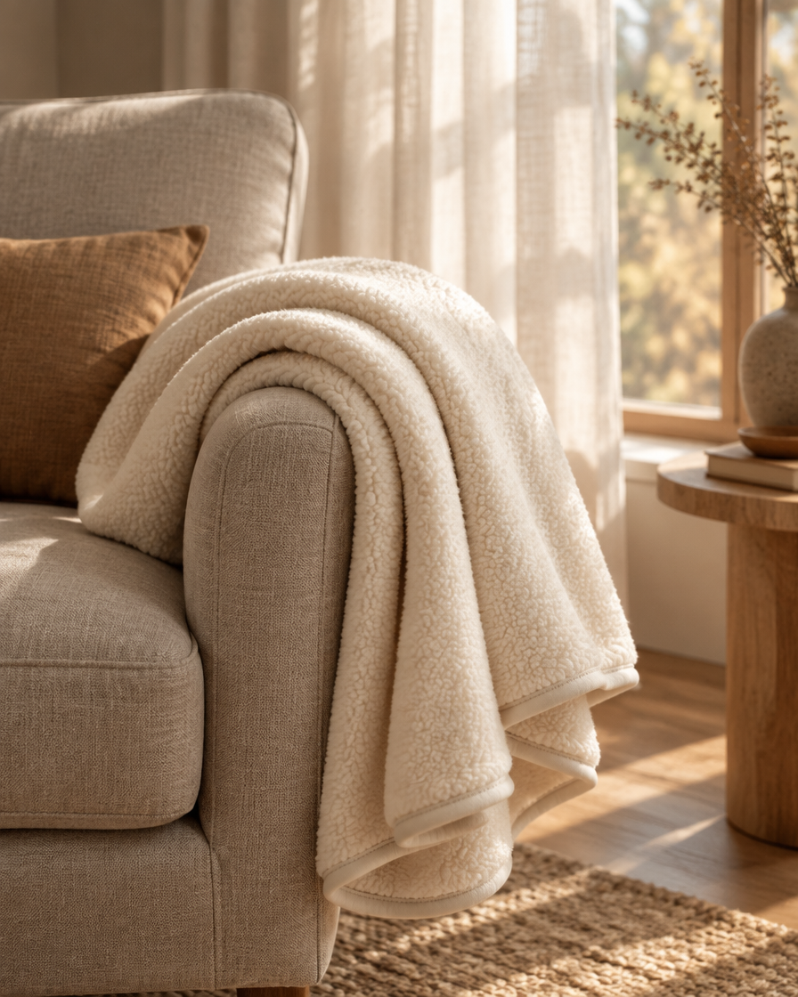 A cream fleece blanket folded over the arm of a linen armchair by a window