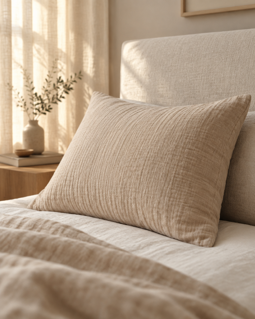 A single dune muslin pillowcase on a plump pillow against a pale headboard