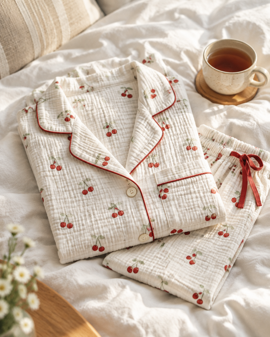 A white cherry-motif muslin pyjama set folded on a white duvet