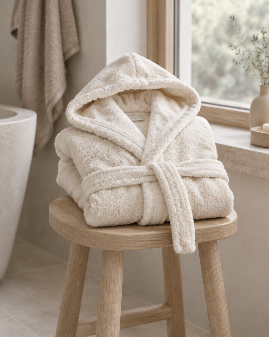 An ivory hooded plush robe folded over a pale wooden stool