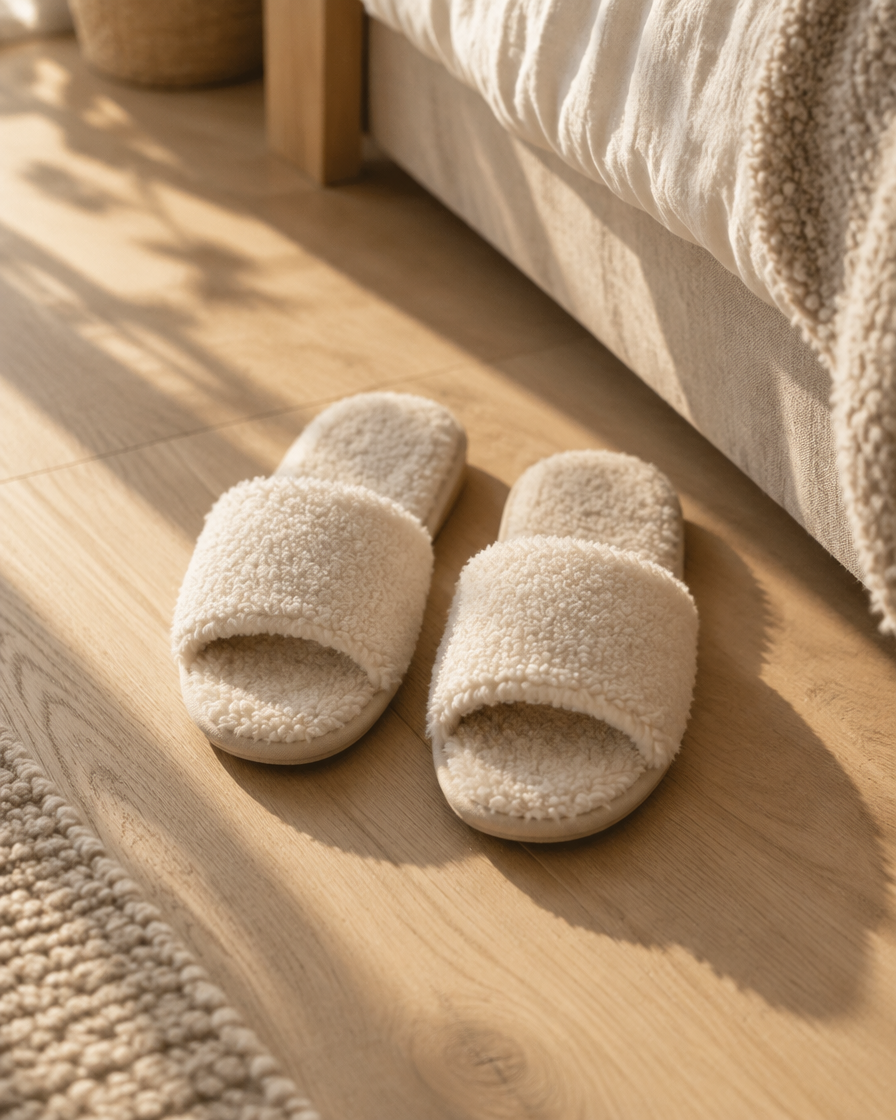 A pair of open-toe ivory slippers on a pale oak floor beside a bed