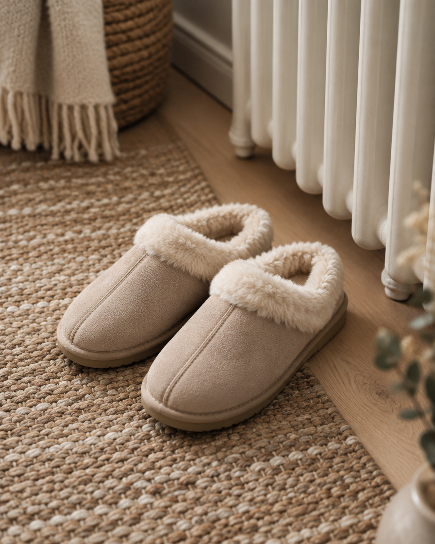 A pair of closed-toe beige slippers on a woven rug beside a radiator