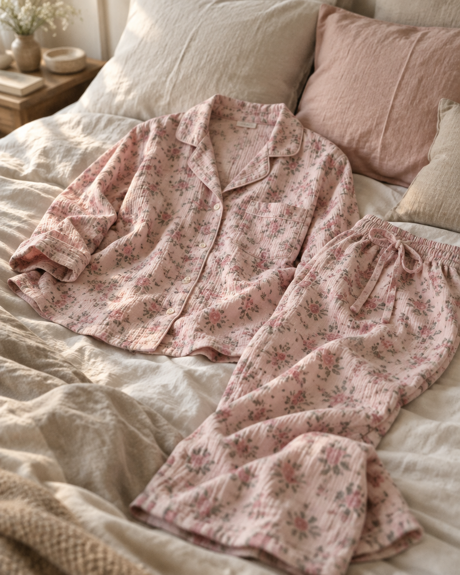 A pink floral muslin pyjama set laid across an unmade bed