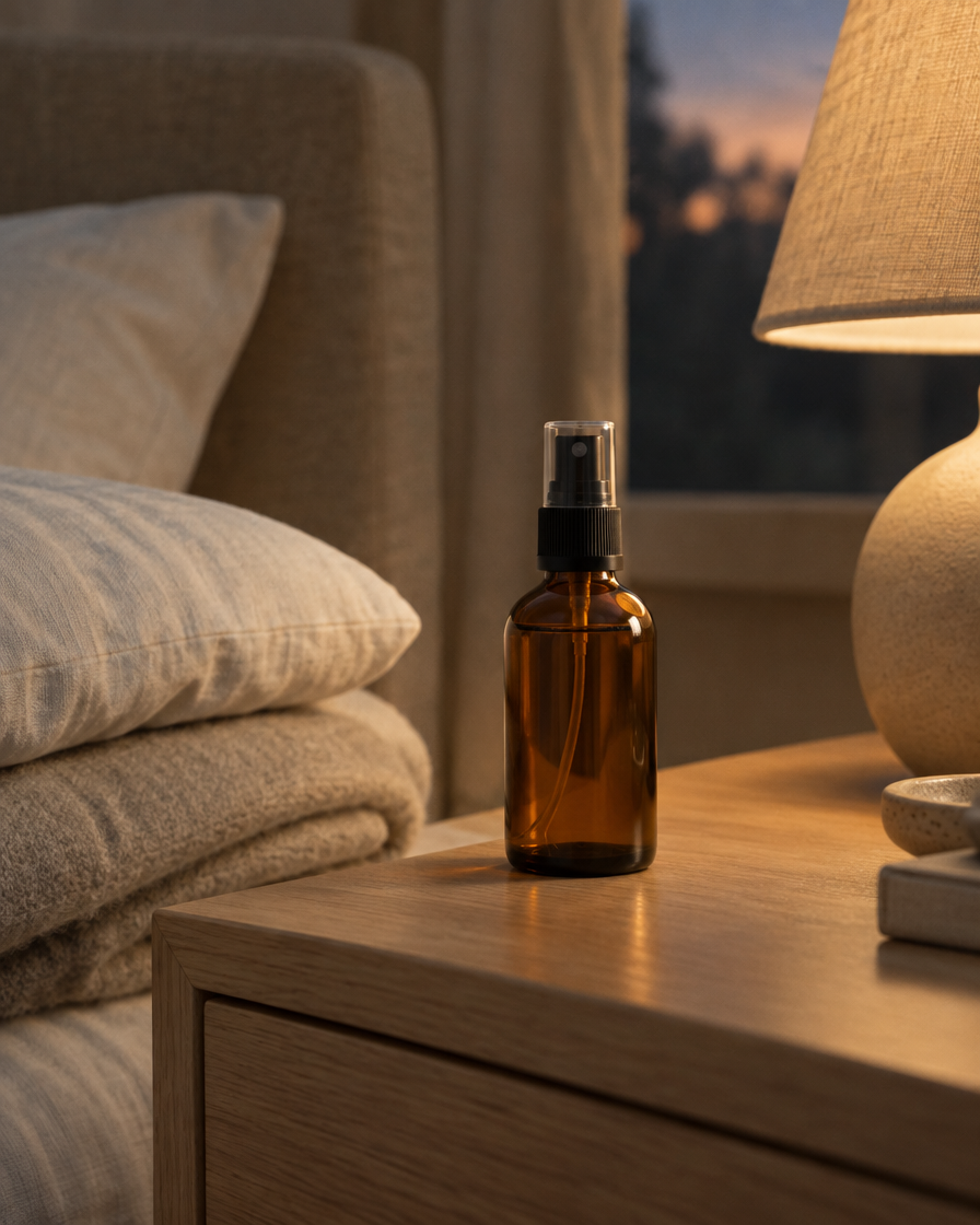 An amber pillow-mist bottle on a bedside table beside folded bedding