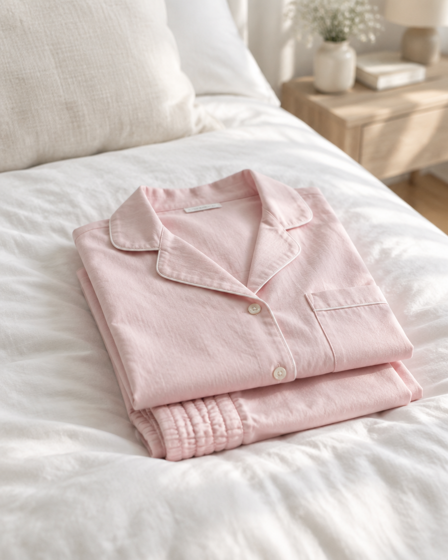 A pale pink cotton pyjama set folded on a white duvet
