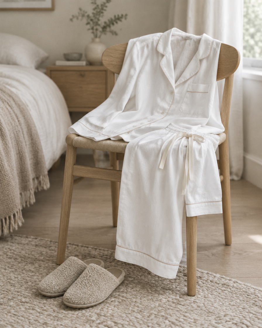 A white cotton pyjama set draped over a pale oak bedroom chair