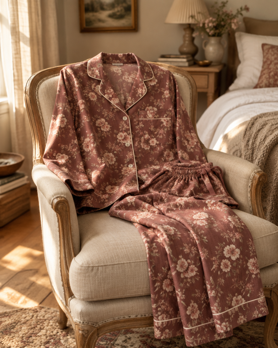 A rosewood floral pyjama set laid over an antique linen chair