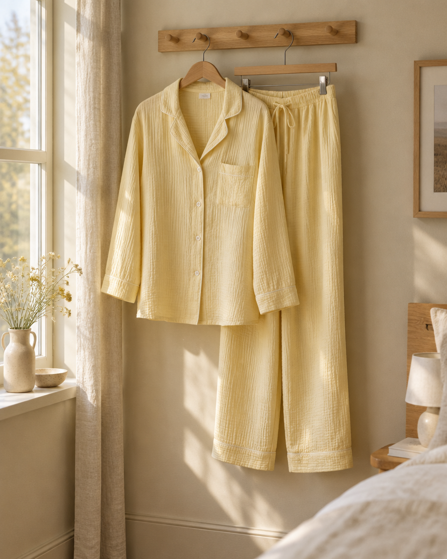 A pale yellow long-sleeve muslin pyjama set hanging from a peg rail
