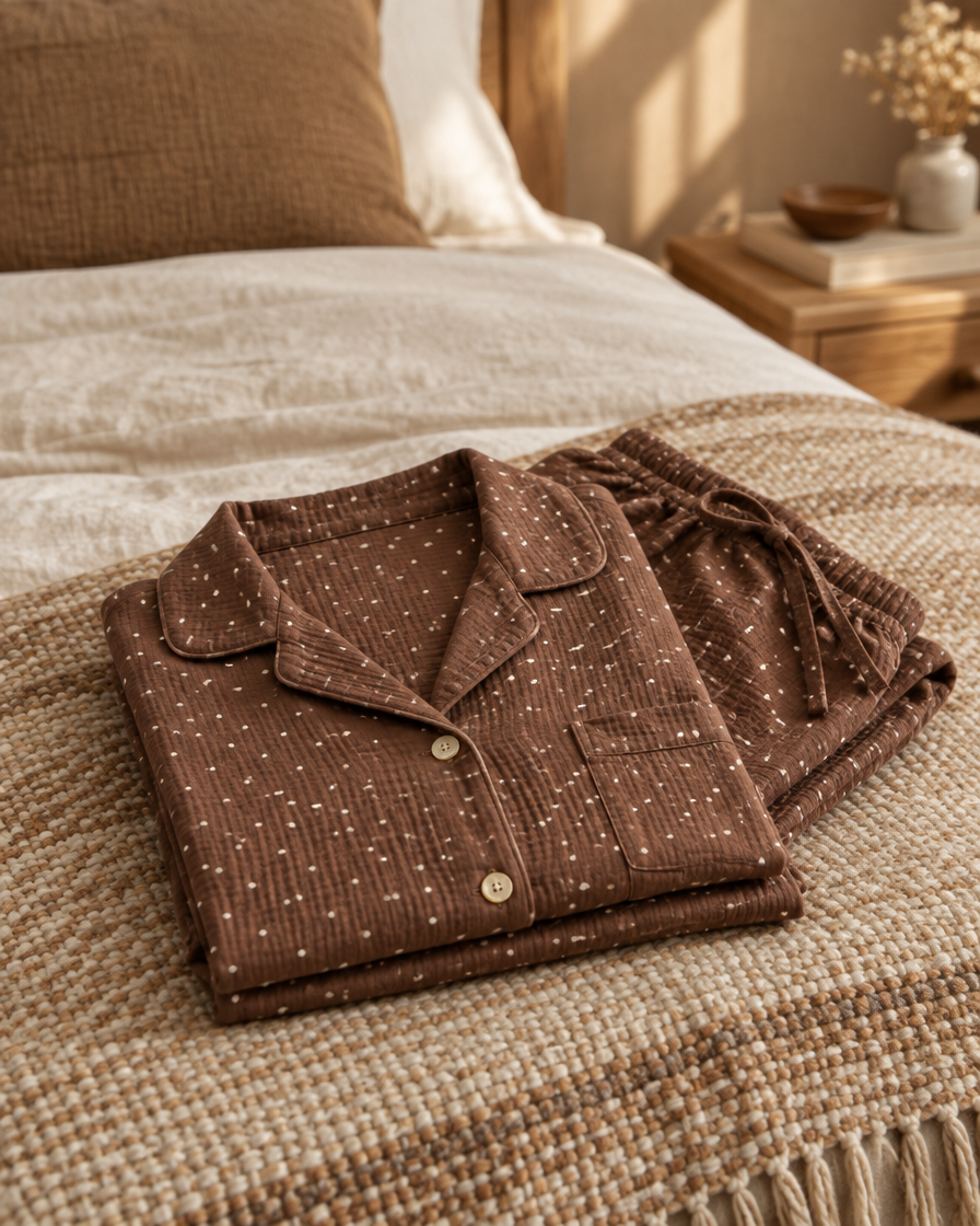 A brown dotted muslin pyjama set folded on a woven blanket