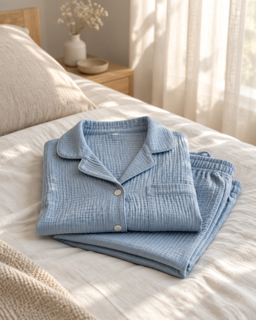 A plain soft blue muslin pyjama set folded on crisp bed linen