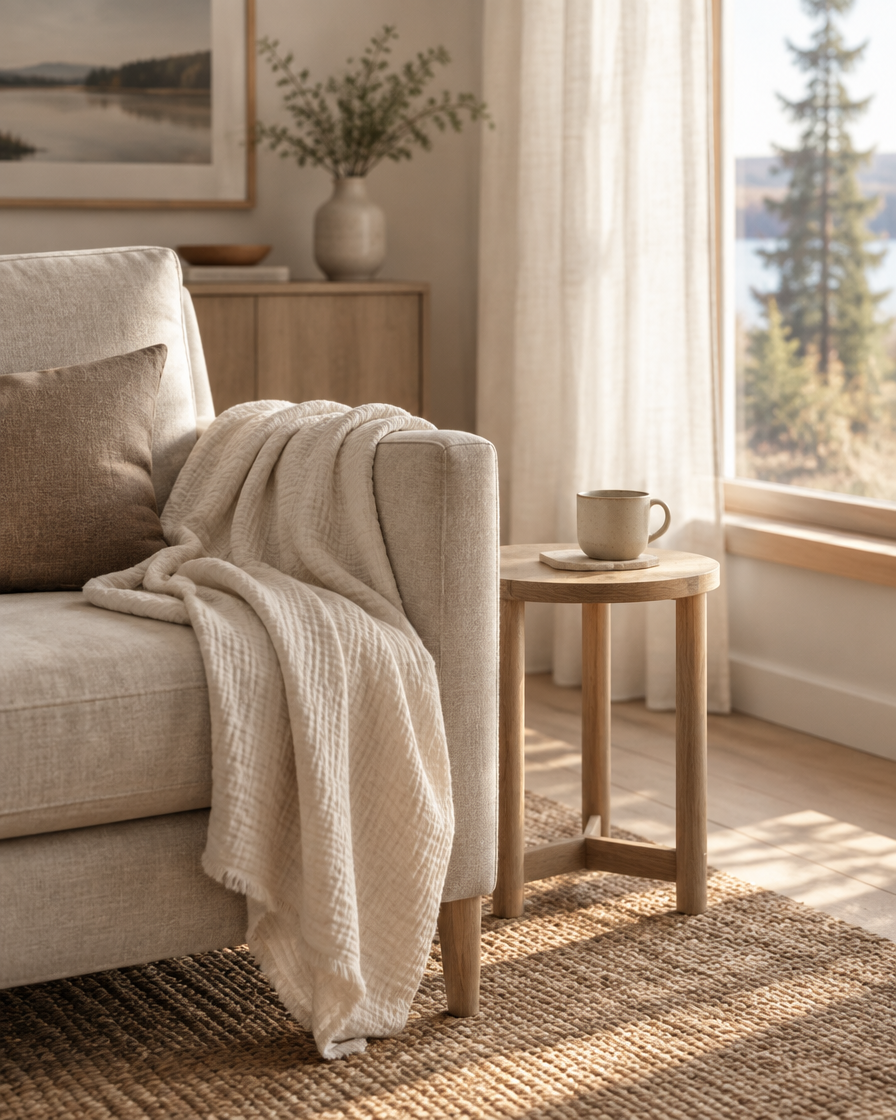 A cream muslin throw over a linen armchair beside a sunlit window, calm and uncluttered living room.